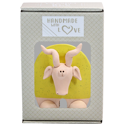 Handmade Ceramic Flat Goat Figurine in Turquoise, Lemon Yellow, White Daisy